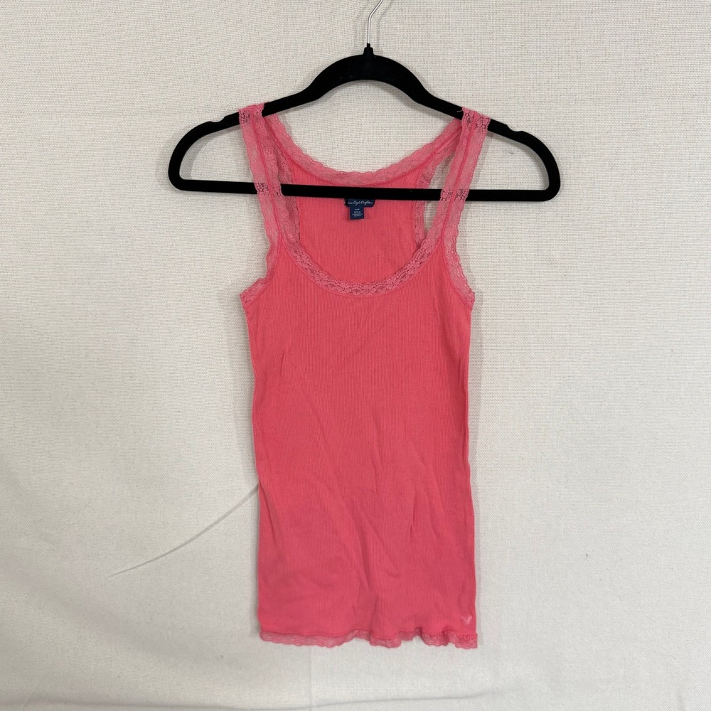 American Eagle Pink Ribbed Lace Trim Tank Top Small Coral‎ Y2K Coquette Camisole